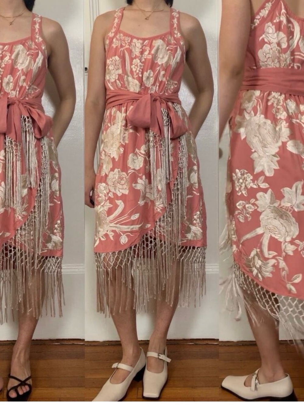 Anthropologie Dusty Rose Floral Embroidered Midi Dress with Fringe - Picture 6 of 11